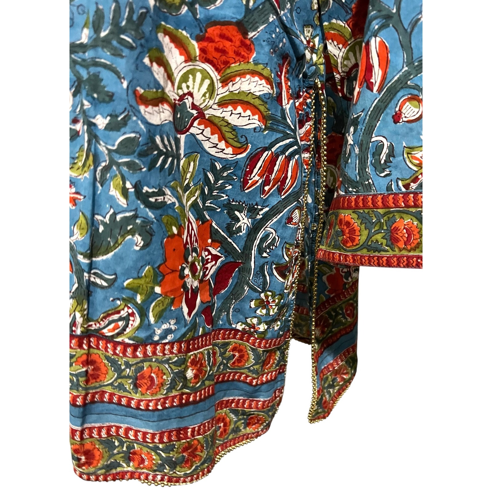 Pax Philomena Fleury Blue Floral Cotton Tunic Hand Block Printed Beaded Top Xxl — image 7 of 8